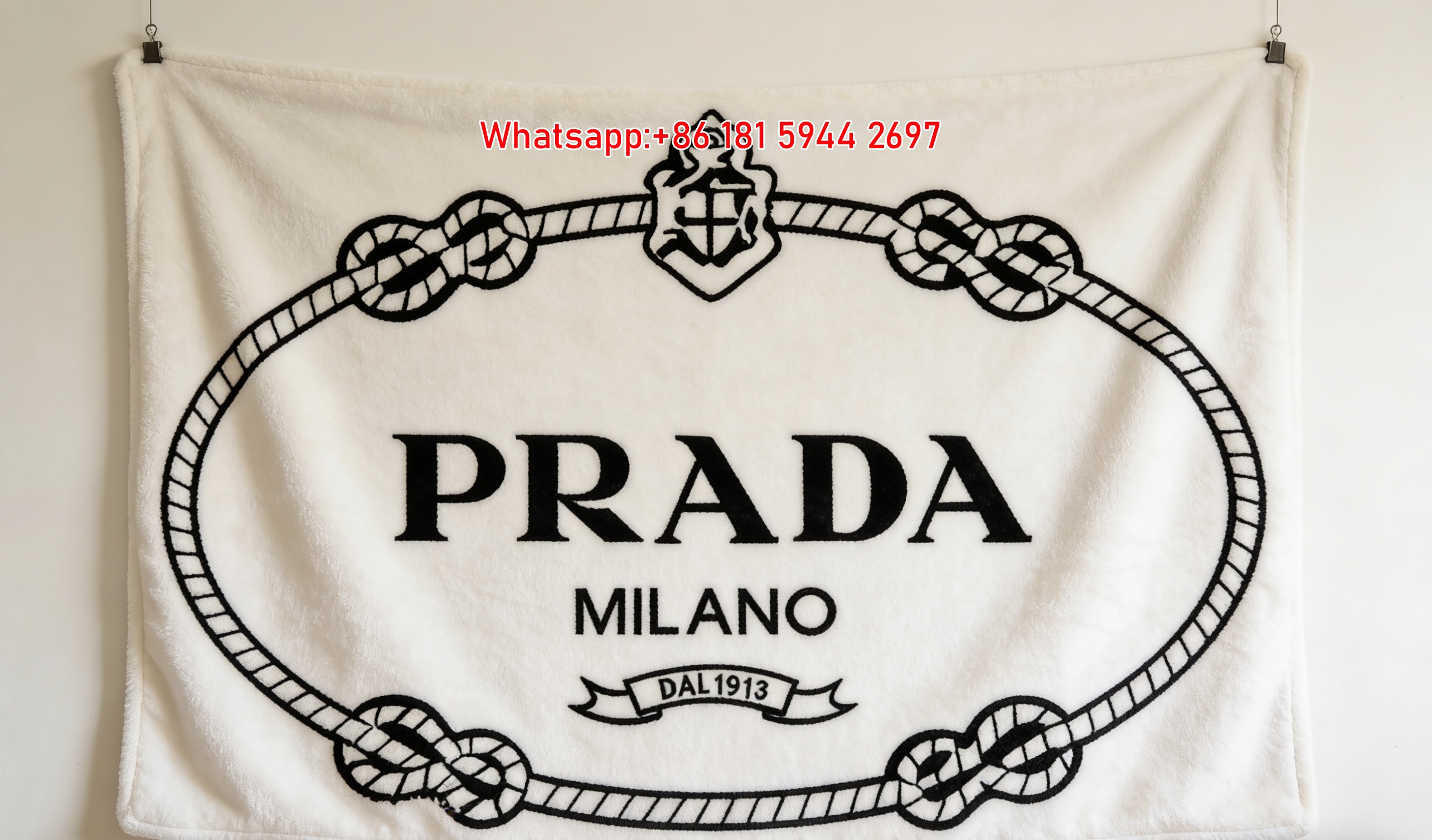 Prada Black White Rope Knot Oval Logo Print Fleece Sofa Throw Blanket IMG_2677
